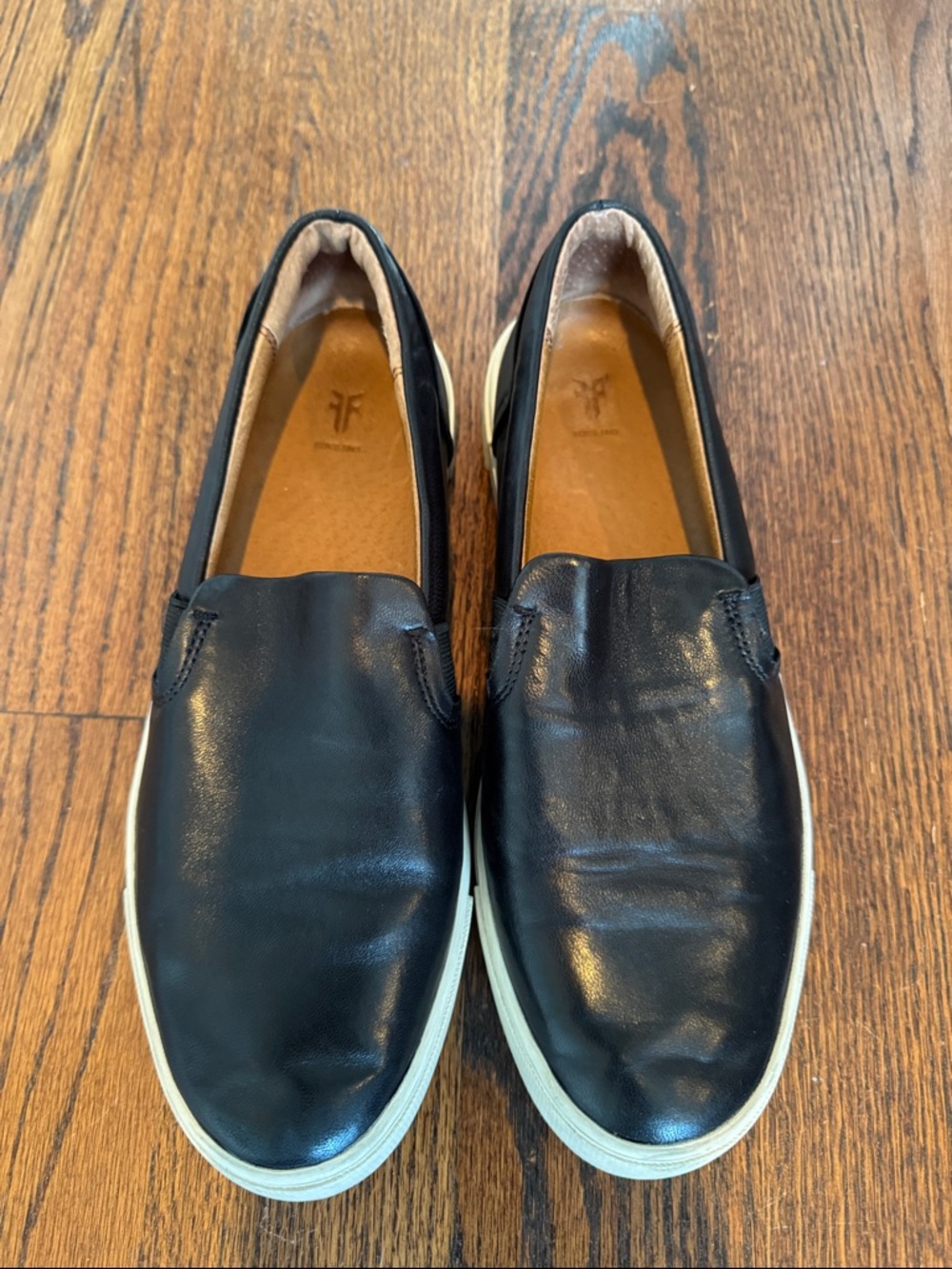 Frye Black Leather Slip-On Loafers with White Sole